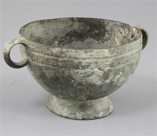 A Chinese archaic bronze ritual steaming vessel, Zeng, Warring States period, 5th-2nd century B.C., 17cm wide, holes and repair